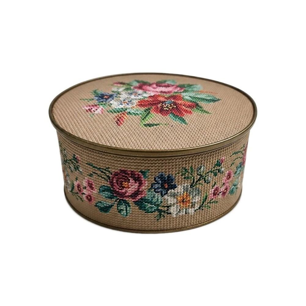 Needle Point Cross Stitch VNTG 1960s Guildcraft NY Textured Floral Tin Sewing